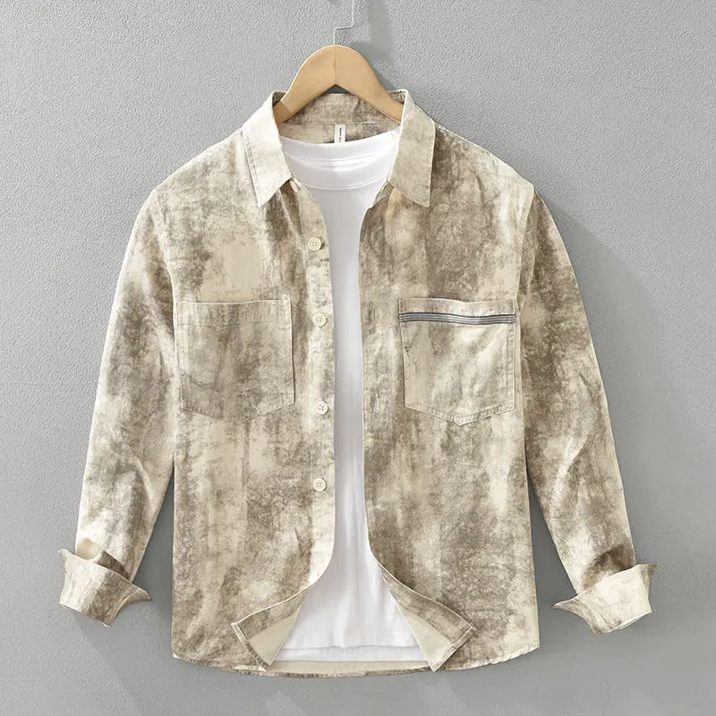 التعادل صبغ الرجال كم طويل فضفاض زر شارع العليا بلوزة ربيع الخريف بولو الرقبة طباعة قميص الموضة بلايز ملابس الرجال عادية