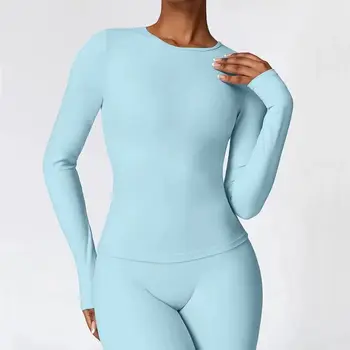 Yoga T-shirts Solid Sports Top Women Long Sleeve Gym Workout Running Shirts Sexy Exposed Navel Quick Dry Fitness Gym Sport Wear 1
