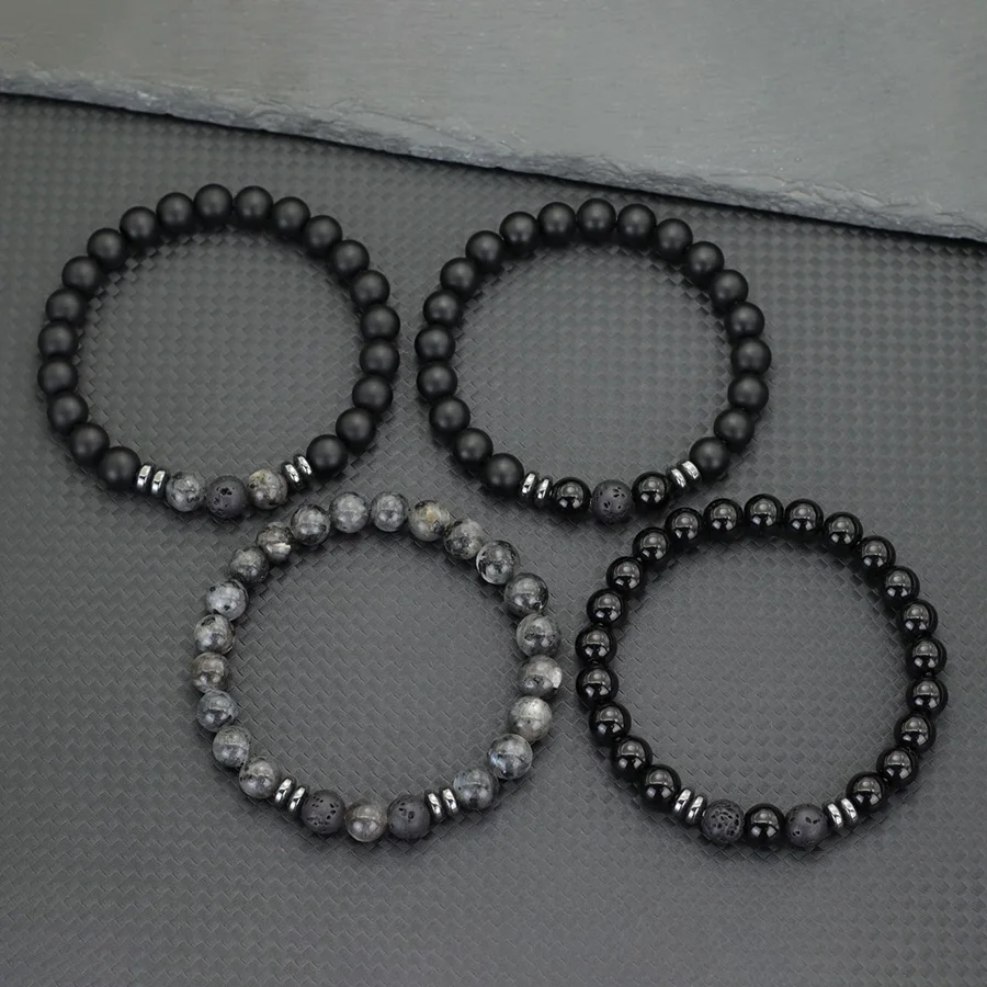 Hematite Beaded Meditation Bracelet for Men with Lava and Obsidian Stones