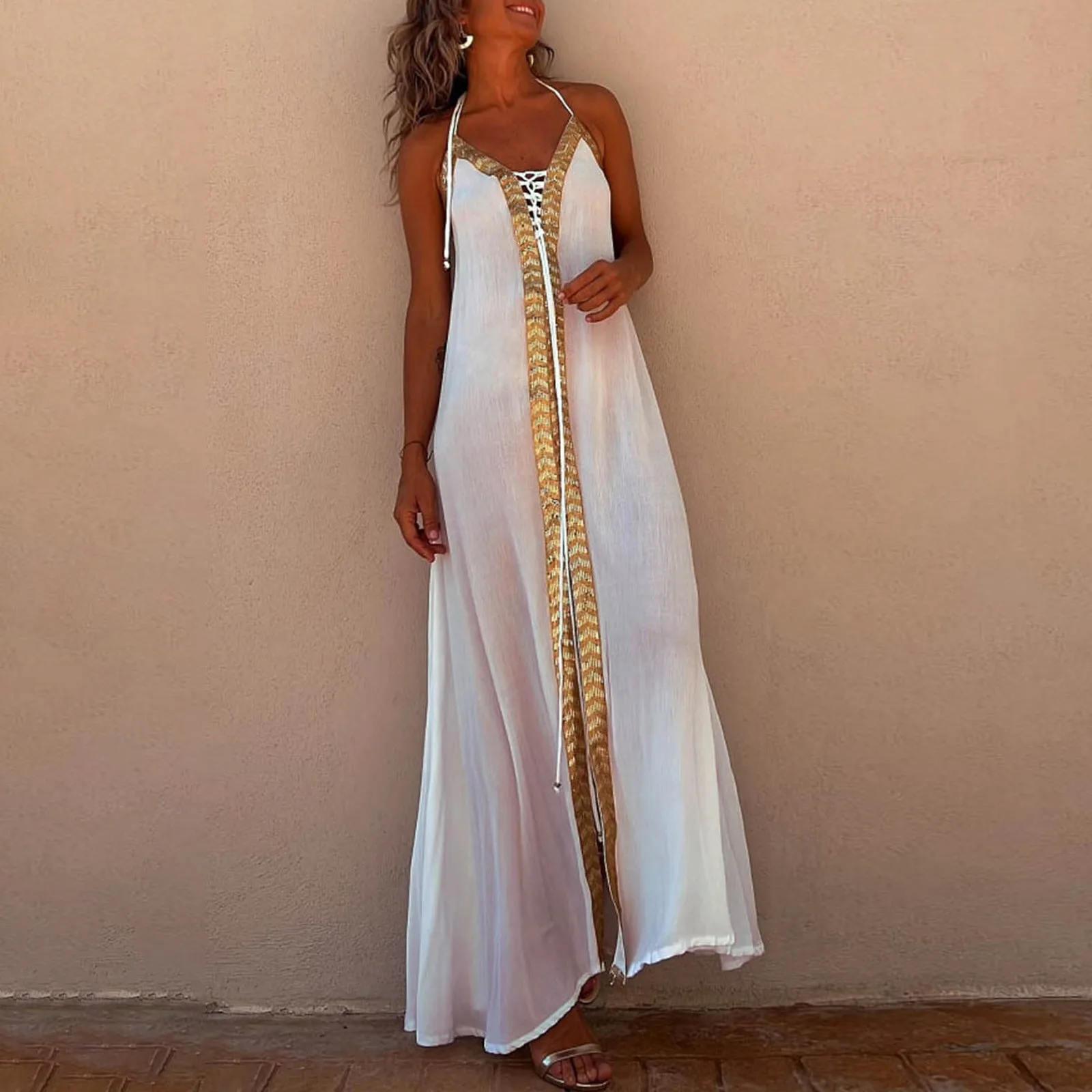 Bohemian Summer High Waist Lace Up V-Neck Loose Large Hem Dress Seaside Long Dress main image 1