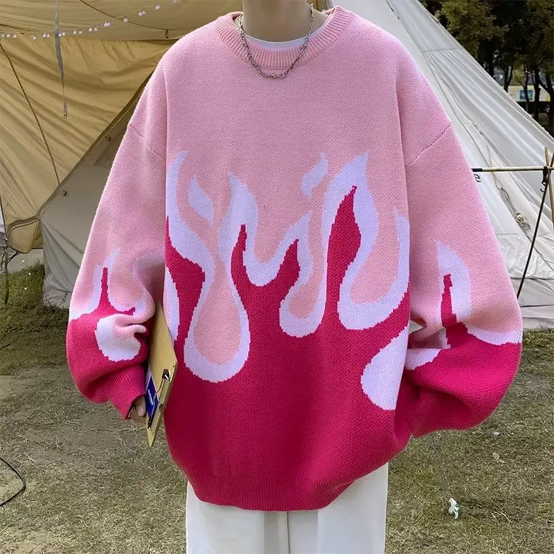 

Autumn Sweater Men Harajuku Fashion Knitted Hip Hop Streetwear Gradual Flame Pullover O-Neck Loose Casual Couple Male Sweaters