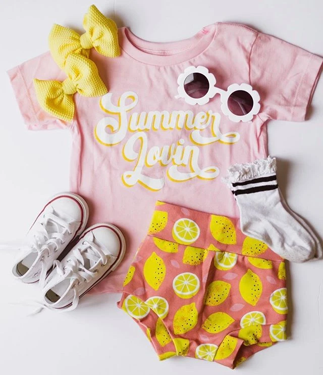 vintage Baby Clothing Set 3Pcs Baby Girls Outfits Toddlers Summer Letter Printing Round Collar Short Sleeve T-shirts + Lemon Shorts + Headwear Clothes Set Baby Clothing Set cheap