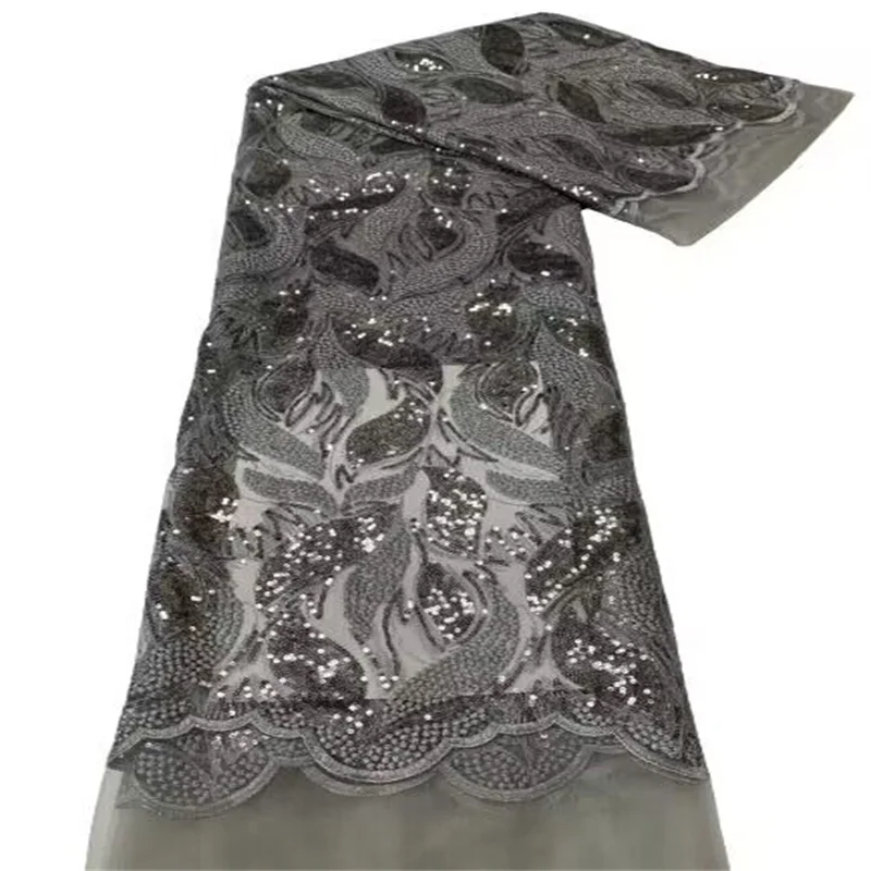 

2023 Grey African Mesh Flocking Lace Fabric with Sequins 2023 Luxury French Net Lace for Sewing Bridal Wedding Party Dresses