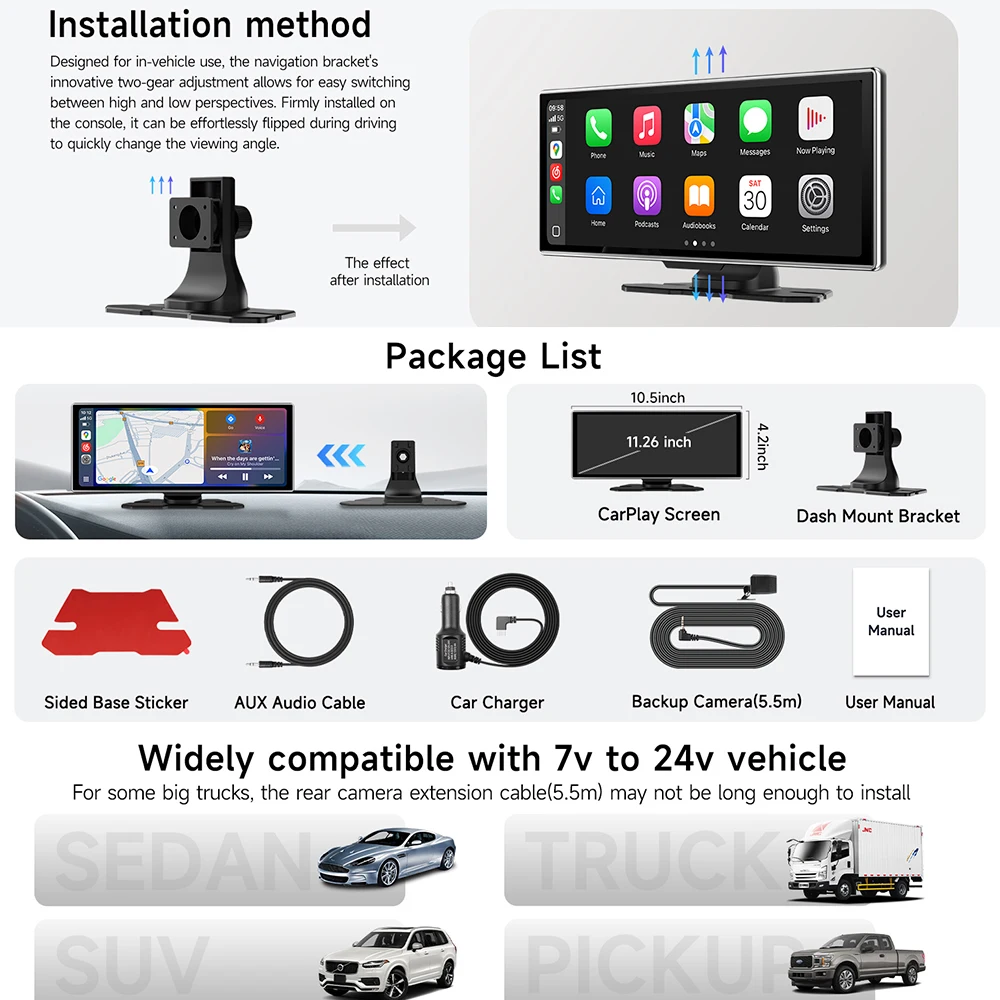 11.26 Inch Portable Wireless CarPlay Screen Multimedia Video player Radio FM Compatible with Android Auto and Apple Carplay