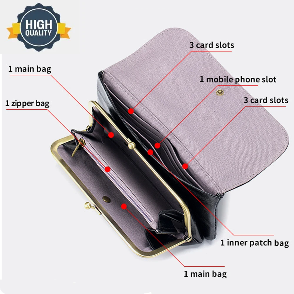 

Leather Oil Wax Long Wallet Large Capacity Retro Kisslock Holding Clutches Money Wallets Multi-function Mobile Phone Storage Bag