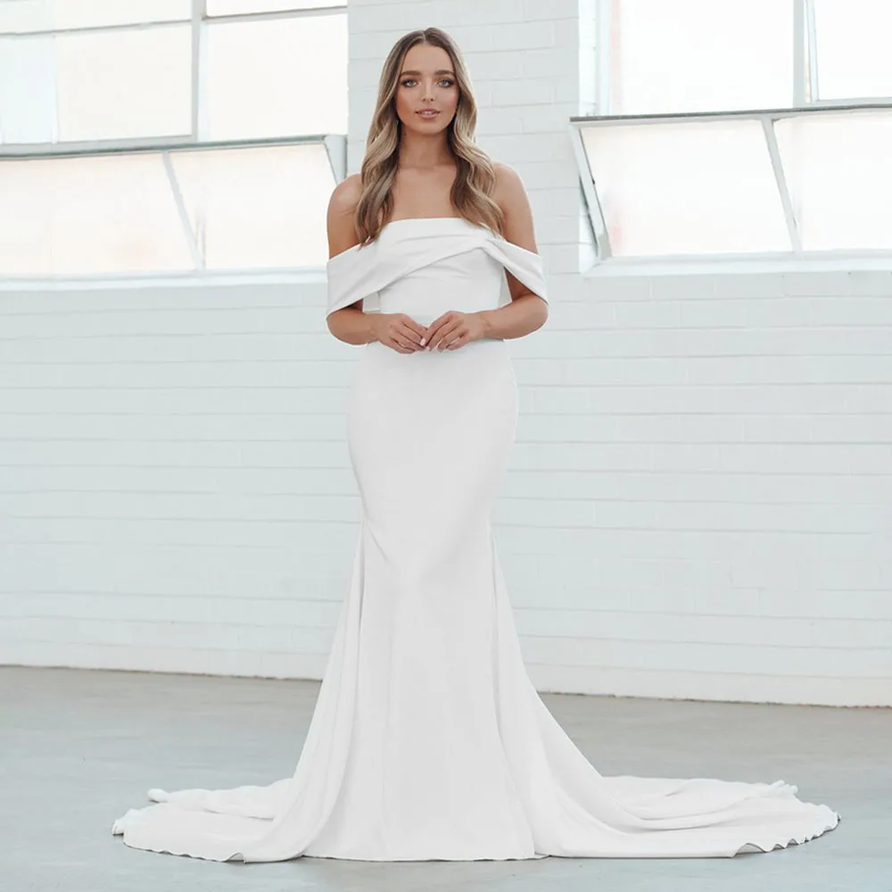 

Simple Off Shoulder Crisscross Wedding Dress Sleeveless Mermaid Wedding Gown Backless Court Bridal Gown vestidos de novia