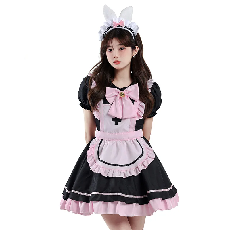 Anime Black Pink Lolita Maid Cosplay Kleid mit Schleife – Süßes Mädchen Kostüm 27