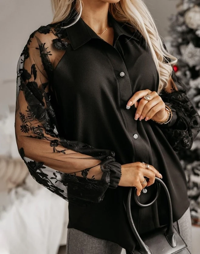 Women Shirts Fashion Floral Embroidery Mesh Patch Top Turn-Down Collar Lantern Sleeve Button Up Shirt Casual Elegant Blouses