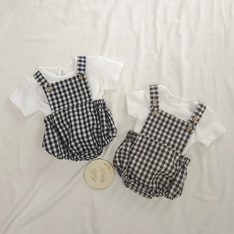 2pcs/set Summer Baby Clothes Baby Boys Girls White T Shirt + Plaid Strap Pants Rompers Toddler Fashion Jumpsuit Clothing Set Baby Clothing Set best of sale