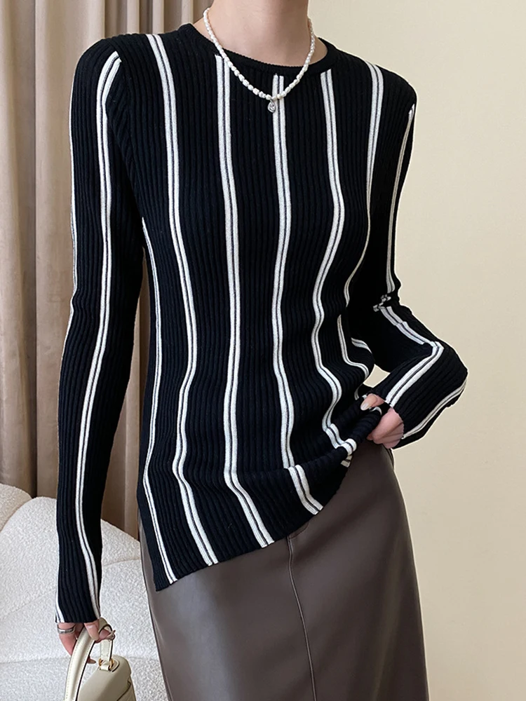 

Stripe Knitting Casual Sweater Slim Fit Round Neck Long Sleeve Women Pullovers New Fashion Tide Spring Autumn O755