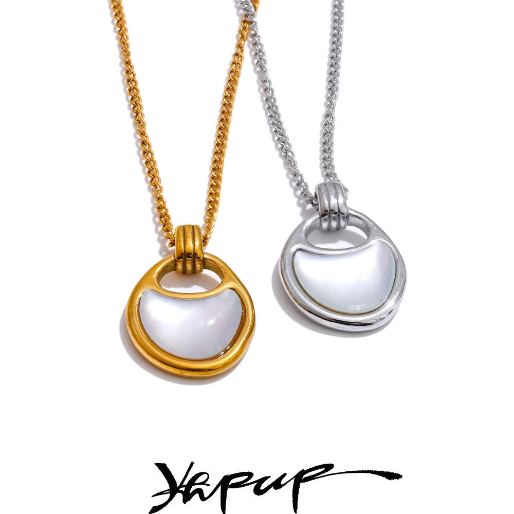 Yhpup Shell Geometric Pendant Necklace Women Stainless Steel