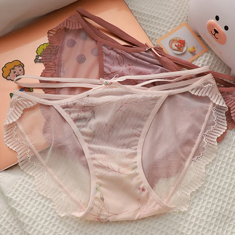 

Women's Perspective Lace Panties Sweet Thin Strap Waist Design Briefs Soft Breathable Gauze Underpants Middle Waist Sexy Panties