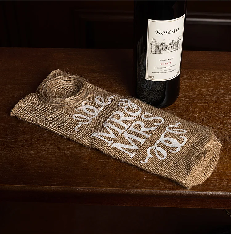 MR & MRS Jute Burlap Wine Bottle Cover Gift Bag Rustic Wedding