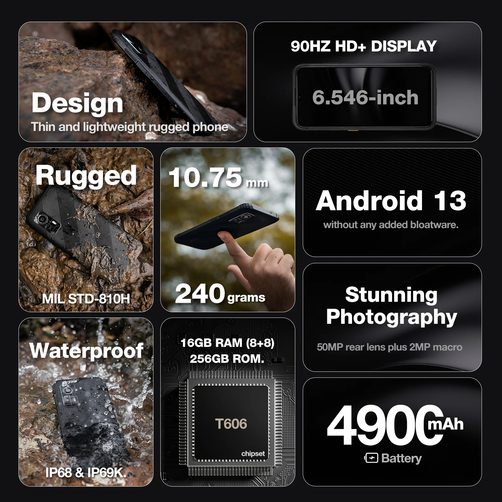 AGM H6 Rugged Smartphone 8GB+256GB 50MP Camera 6.56" FHD+ 90Hz Display Waterproof UNISOC T606 NFC Dual SIM Expandable Storage 2