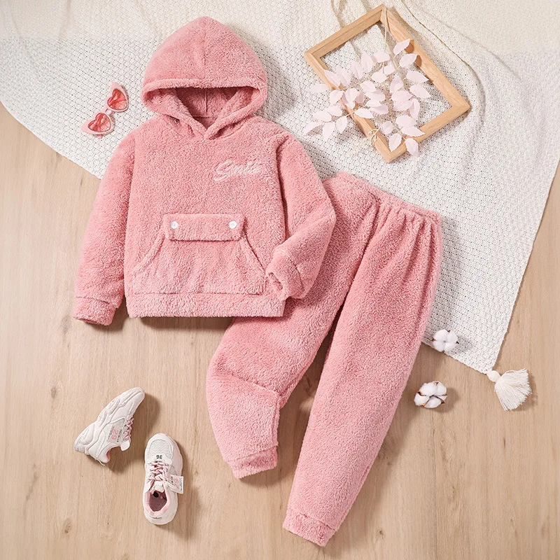 

New Clothing Set Girls Long Sleeve Hooded Fleece Pockets Pink Cute 2 Pcs Sets Casual Girls Clothes Sets 8-12T