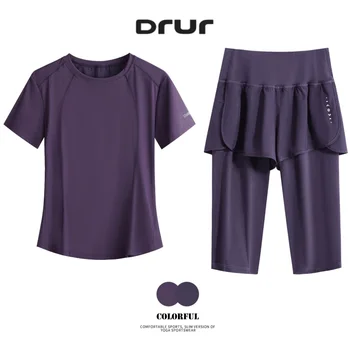 DRUR Women Slim Fit Yoga Clothes Summer Breathable 2 Piece Workout Pants Set Ladies Tracksuit Gym Outfit Lightweight Sportswear 1