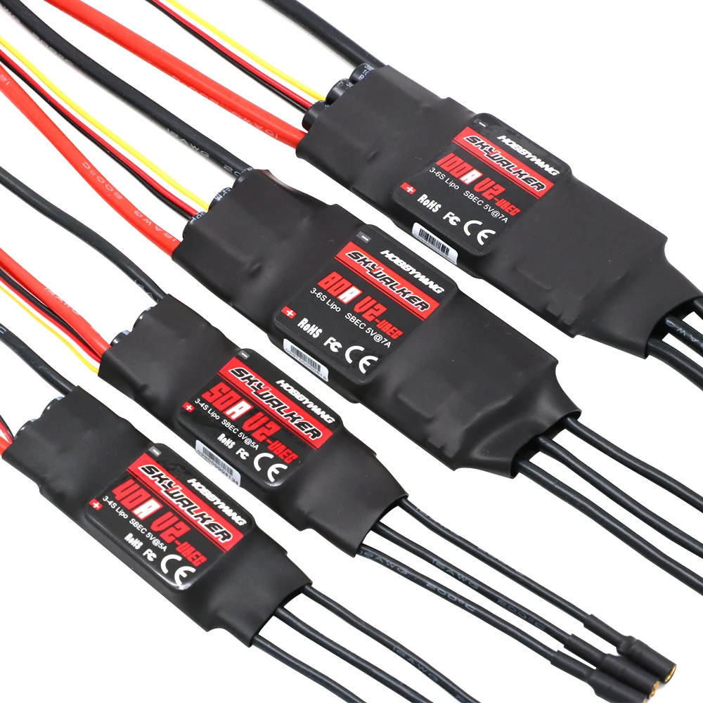 Packaging de l'ESC Skywalker V2 15A-100A, contrôleur performant pour drone FPV, avec spécifications techniques visibles.