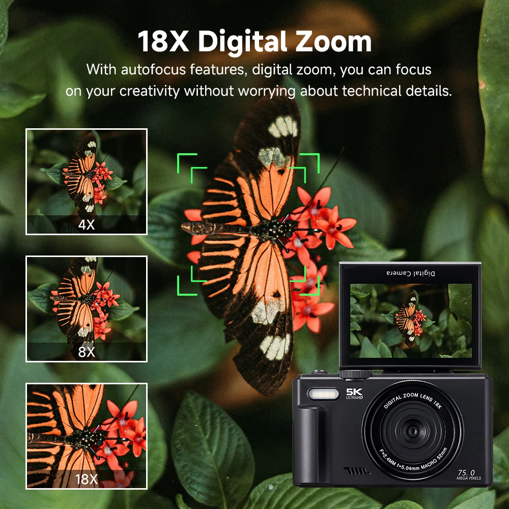 75MP 미러리스 디지털 카메라 사진 촬영용 3.0인치 5K HD 180 ° 플립 스크린 18배 디지털 줌 빈티지 레코더 (브이로그 영상용)