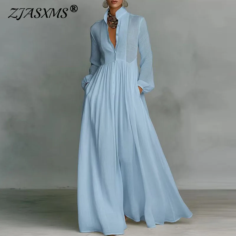 Bohemian Stand Collar Button Maxi Shirt Dress Woman Elegant High Waist Solid Party Dress Spring Long Sleeve Loose Casual Dresses