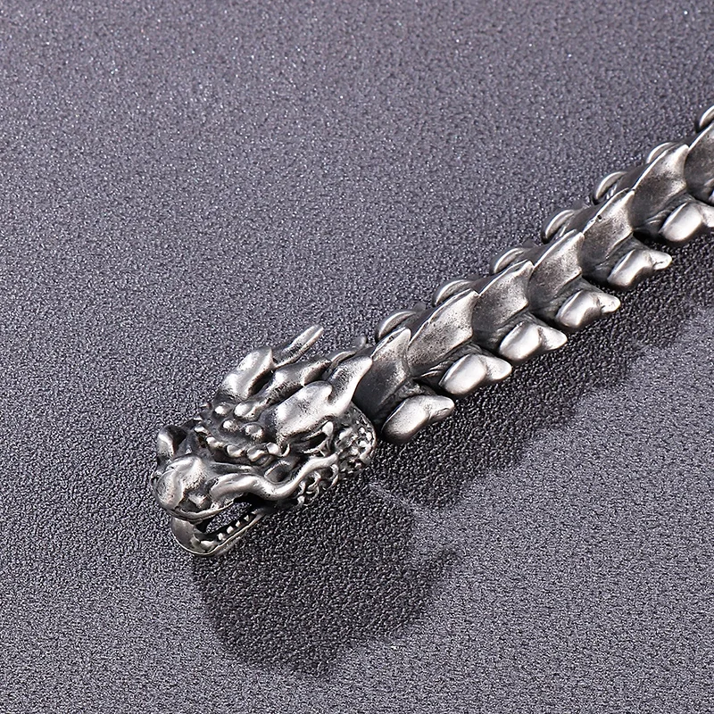 Fongten 21cm Dragon Charm Bracelet For Men Stainless Steel Bone Chain Bangle Bracelets Silver Color Male Gothic Jewelry