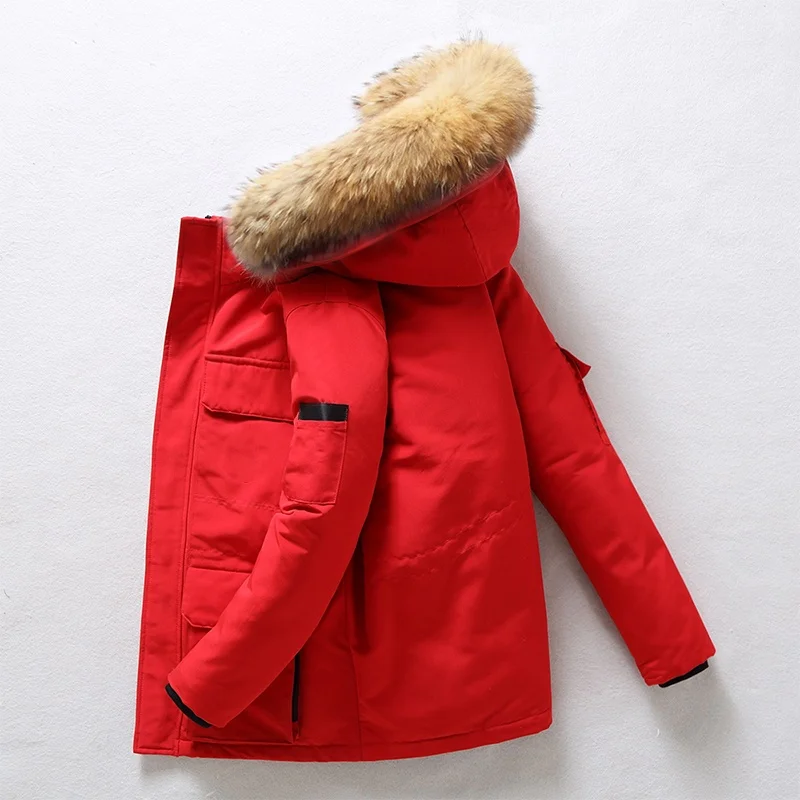 New Down Jacket Men's Winter Minimalist Solid Color Fur Collar Hooded Warm Parka Casual Comfortable White Duck Down Coat Male