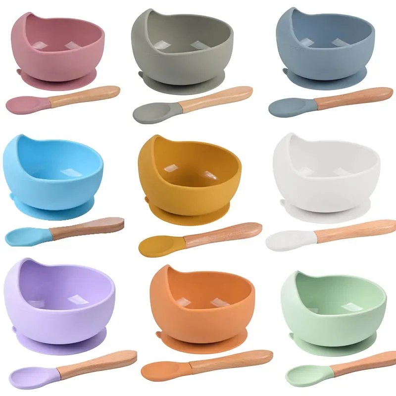 1Set Food Grade Silicone Baby Feeding Bowl Set Baby Learning Dishes Suction Bowl Spoon Non-Slip Dinnerware Set Silicone Feeding Set