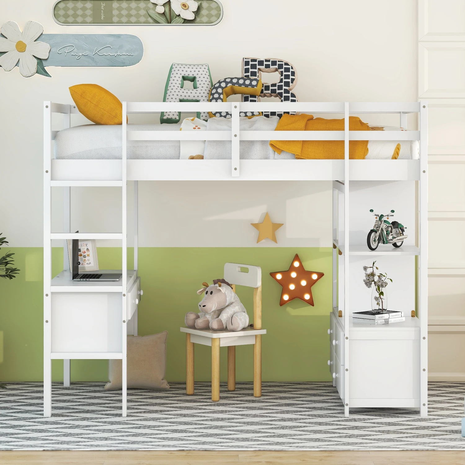 Twin Size Loft Bed with Built-in Desk with Two Drawers, and Storage Shelves and Drawers,White 4