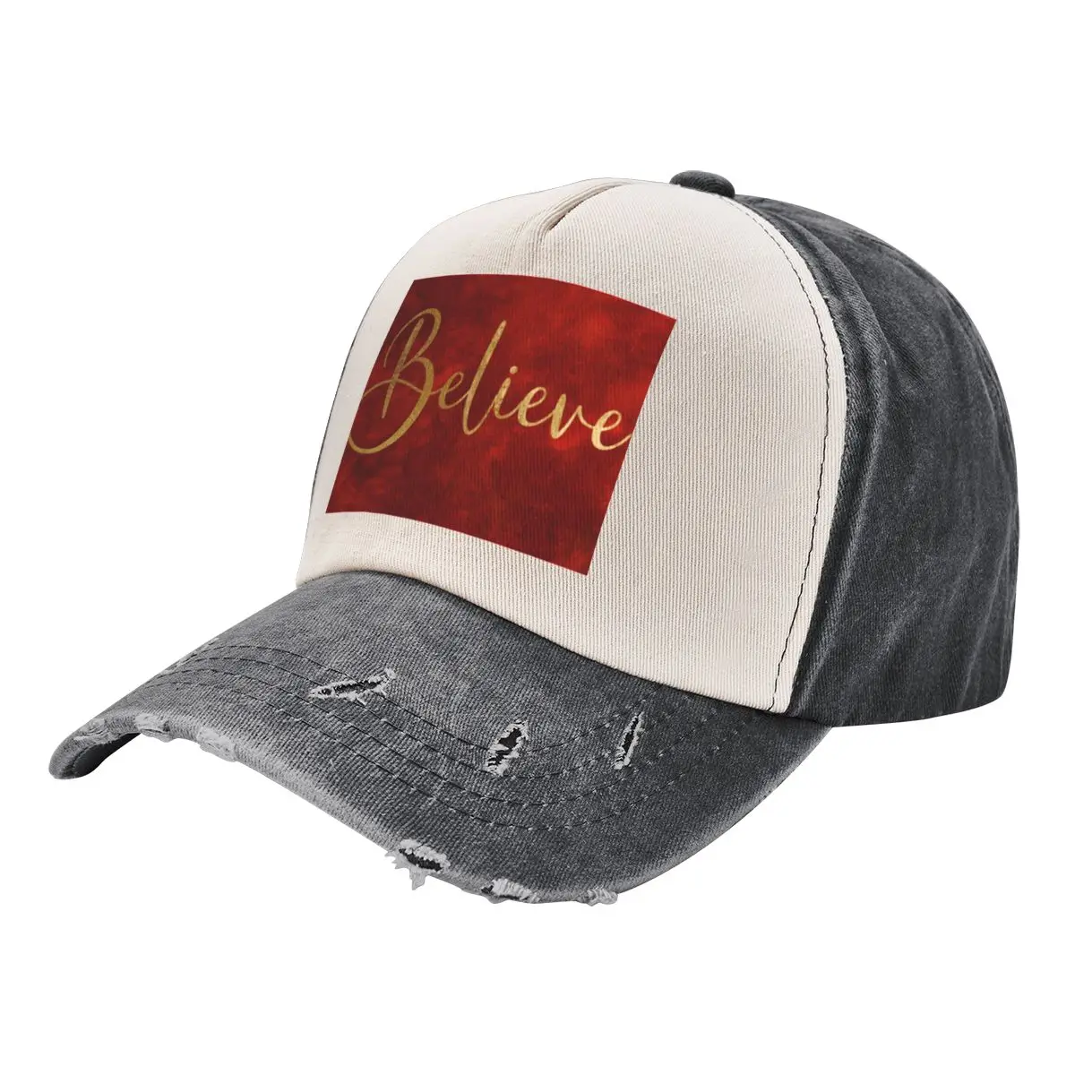 

Believe Word Art in Gold Color Script Typography on red burgundy background Baseball Cap Rave Golf Hat Female Men's