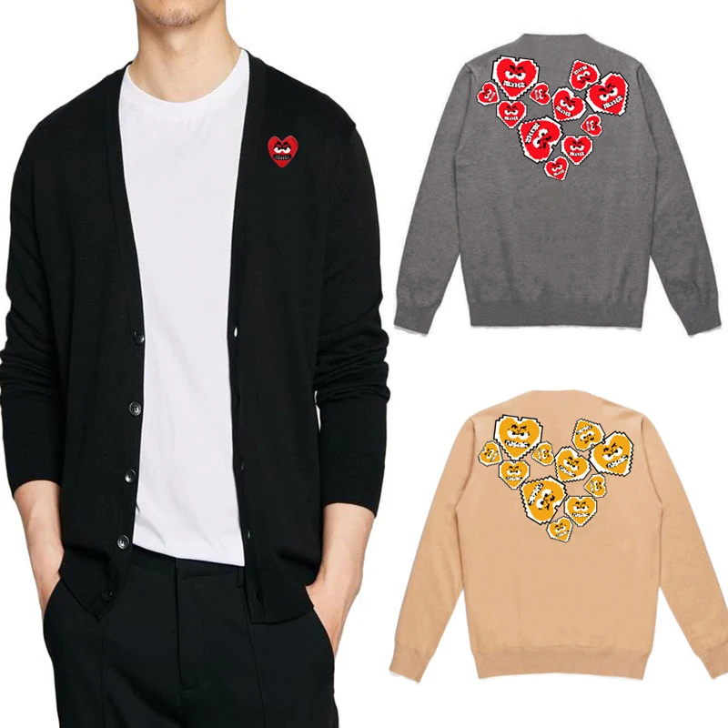 

Break Egg Men Cardigan Cotton Heart Bared Teeth Embroidery Back Cartoon Pixel Printing Single-breasted V-neck Spring Sweater