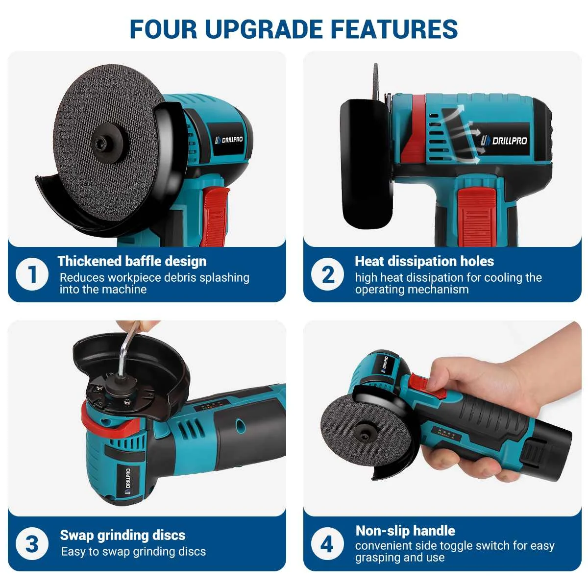 Drillpro 12V /18V Brushless Angle Grinder 75MM 19500rpm Electric Polishing Grinding Mini Cordless Diamond Cutting Disc Grinder 6