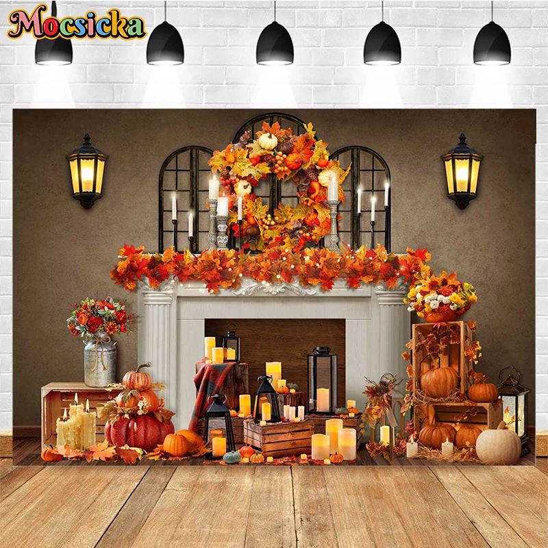 

Autumn Background Photography Pumpkin Maple Leaves Fireplace Decoration Family Party Children Portrait Banner Studio Photo Props