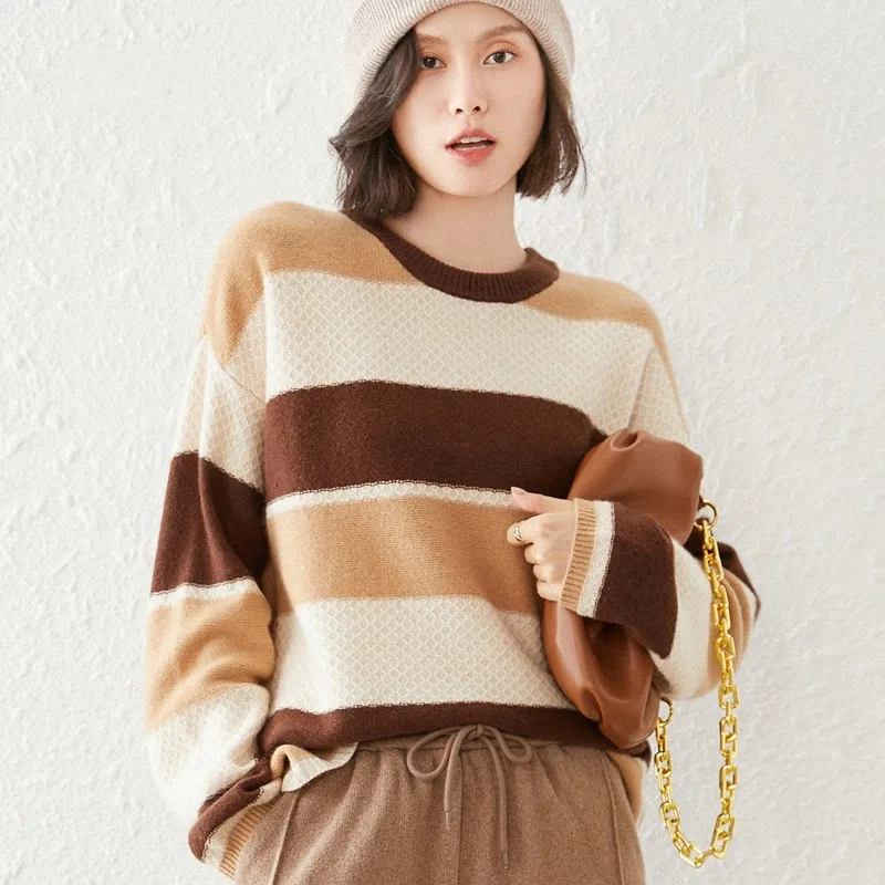 

2023 Autumn 100% Wool Sweaters Women Korean Style Fashiong O-Neck Knitwears Long Sleeve Elegant Casual Pullovers Free Shipping