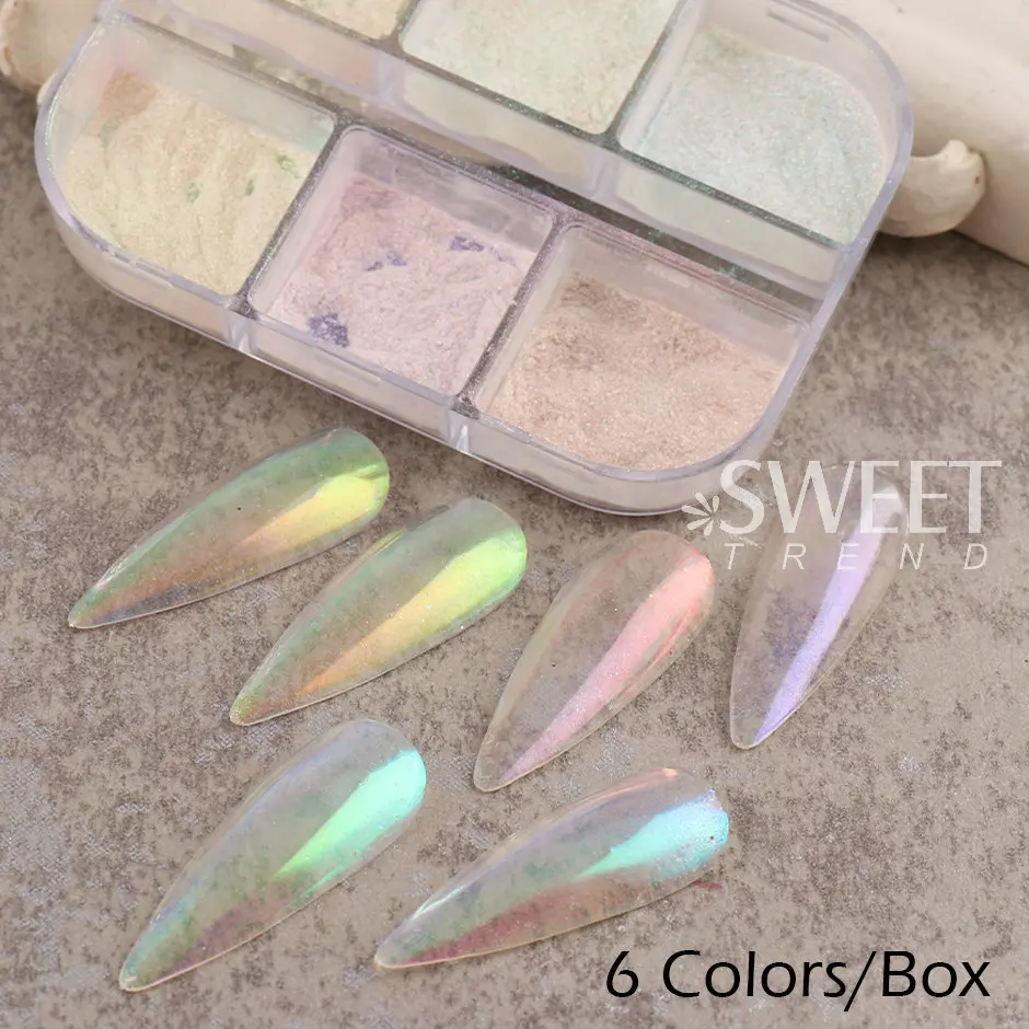 6Grids Fairy Aurora Chrome Nail Glitter Pigment Irridescent White Pearl Rubbing Dust Wedding Summer Powder Mirror Manicure Decor