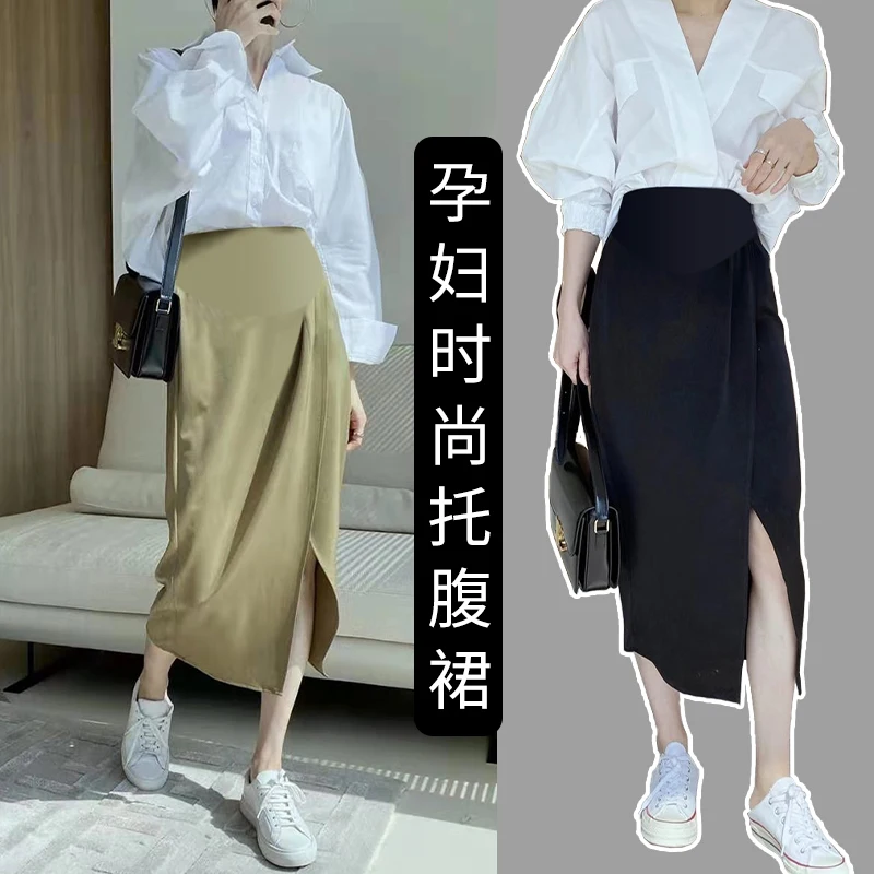 Front Split Irregular Maternity Belly Skirts Fashion High Waist Pregnant Woman Black Skirts Korean Style Pregnancy Clothes Loose