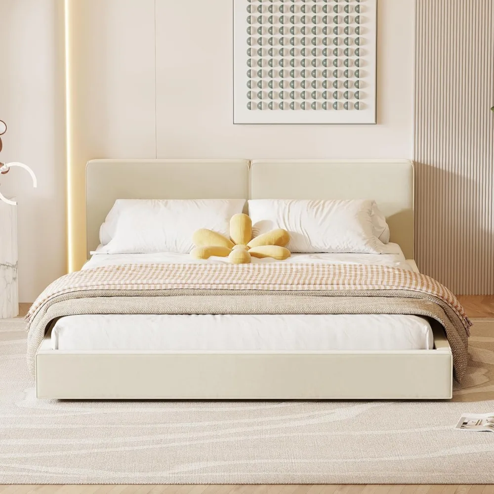 Queen Bed Frame, Modern Upholstered Bed Frame with Velvet Fabric, Grounded Bed with Solid Frame/No Box Spring Needed (Beige) 3