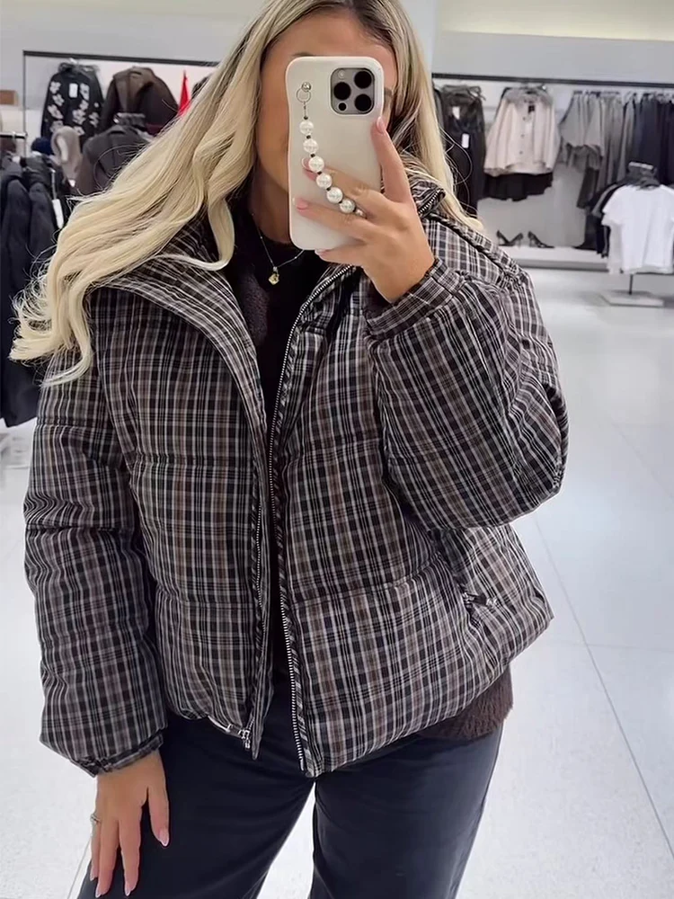 Casual Plaid Cotton Jacket For Woman Long Sleeves Loose Zipper Coats With Pocket Casual Street Versatile Winter New Warm Jacke