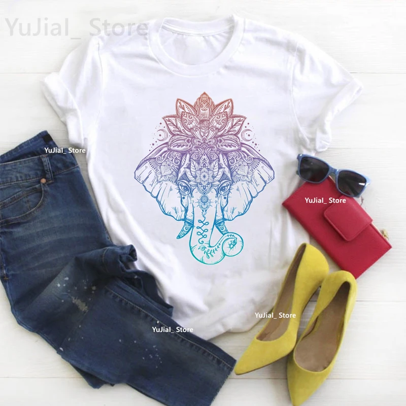 Aquarell Elefant Meditation Lotus Print T-Shirt Frauen Yoga Mode T-Shirt Femme Sommer Kurzarm T-Shirt weibliche Streetwear