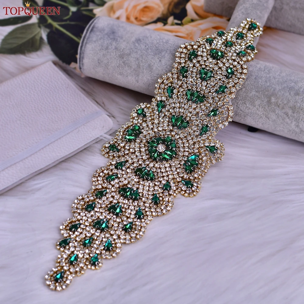 

TOPQUEEN, сверхмощный ремень для ювелирных изделий, свадебное платье, роскошный ремень, зеленый цвет, аксессуары со стразами с аппликацией свадебное