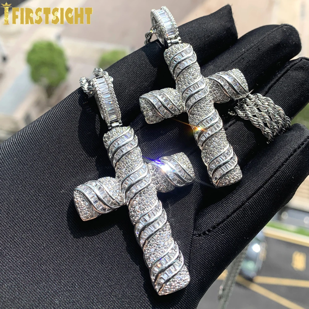 Bubble Letter Iced Out Cross Pendant Necklace for Men Prong Setting Bling  Charms Real Gold Plated Hip Hop Jewelry