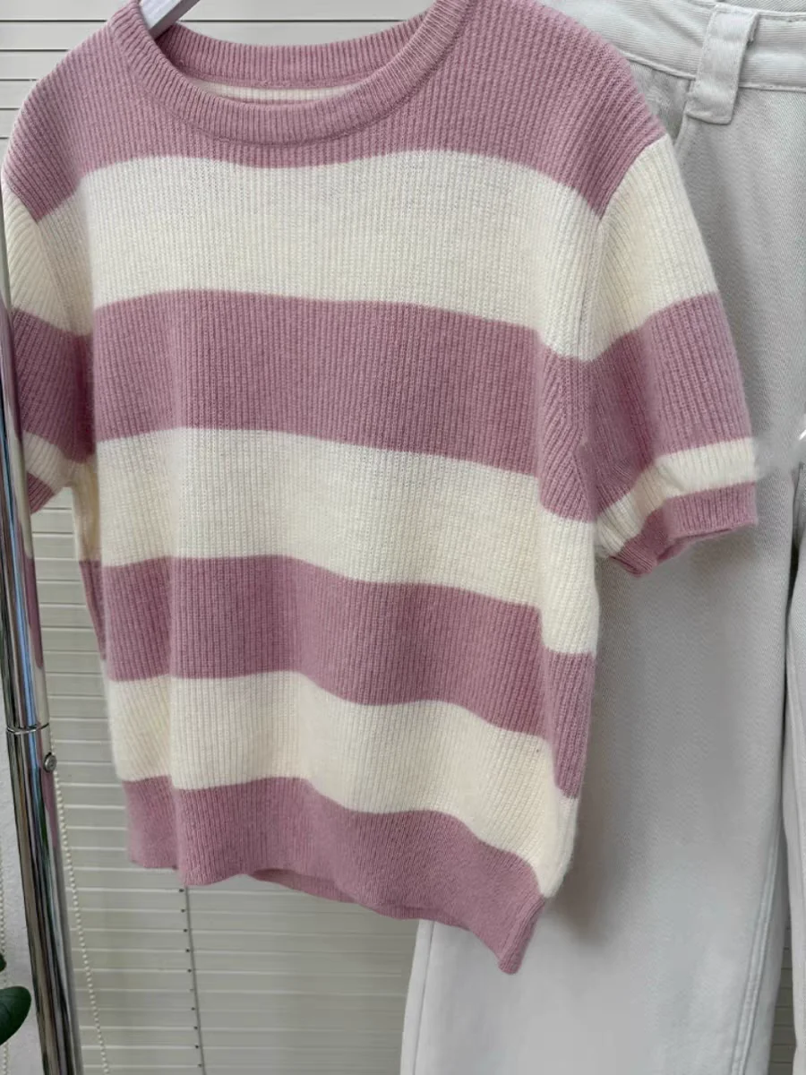 

Контрастная полосатая Трикотажная футболка с коротким рукавом, свитер, Женская весенне-летняя Облегающая рубашка с круглым вырезом, кашемировый пуловер, Топ X875