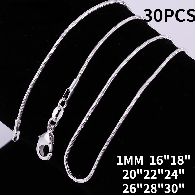 

30PCS/lot 925 Stamped silver color fine 1MM Snake chains necklaces for women men Fashion party wedding jewelry set gift