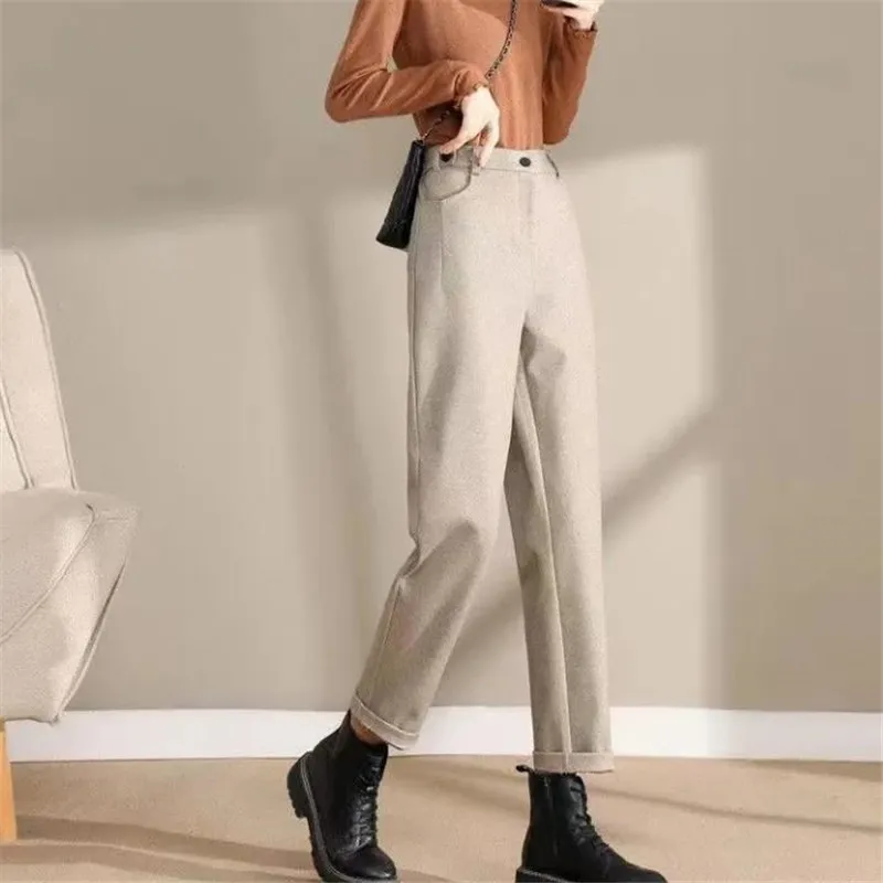 

New Fashion Korean Woolen Harlan Loose Daddy Pants Women'S 2023 Autumn And Winter Leisure High Waist Nine Point Radish Trousers