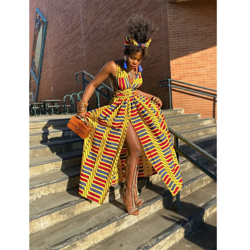 Indie Style African Dresses for Women Floral Dashiki Print Maxi Dress Long Summer Fashion 2023 Bandage Elegant African Clothing new floral print african national dresses for women evening party pleat noble african dashiki bazin clothing riche feminino