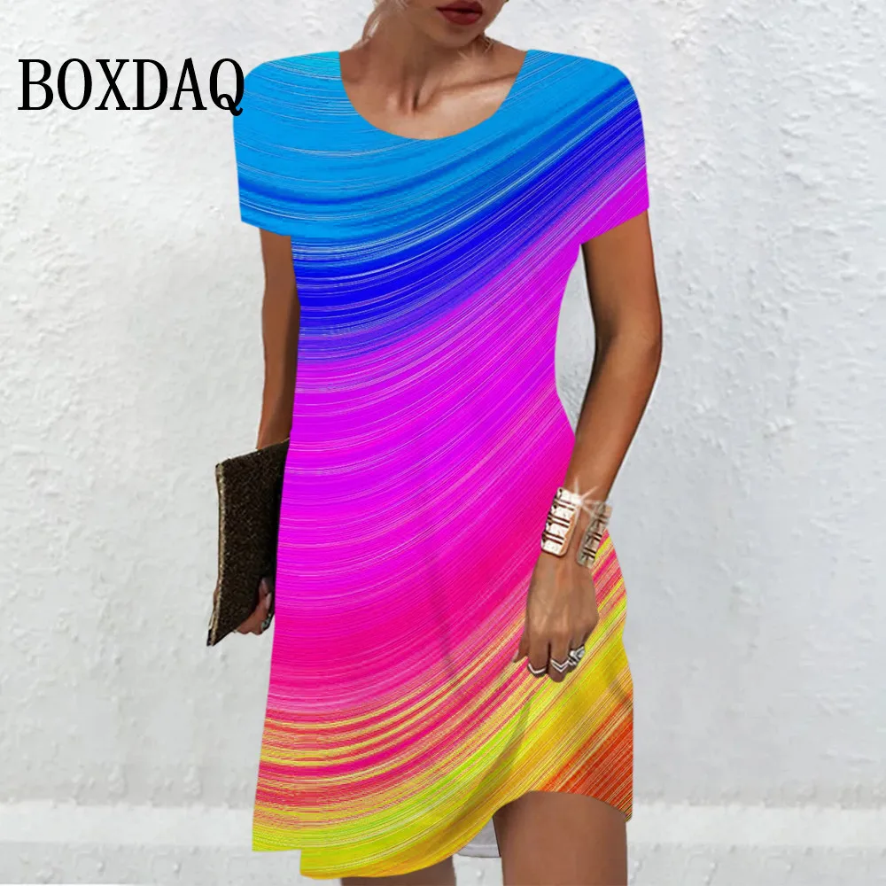 

Candy Color Gradient 3D Printed Dress Women Short Sleeve Mini Dress Summer Fashion Pullover Round Neck Ladies Casual Dresses