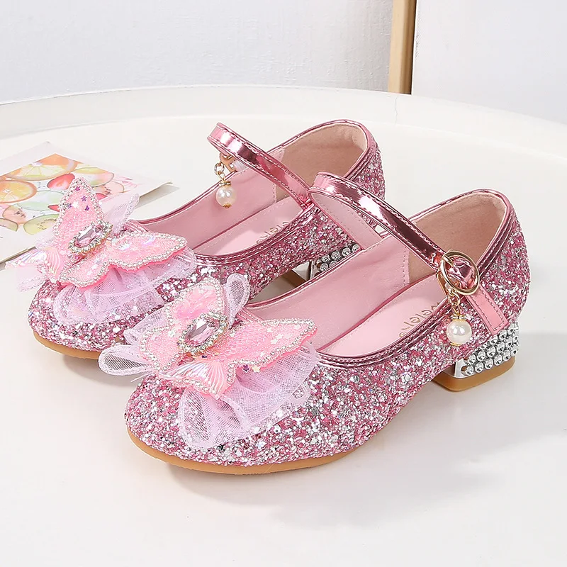 Casual shoes for children, girls' sports shoes made of synthetic leather with a bow and glitter, high-heeled shoes for outside, co...