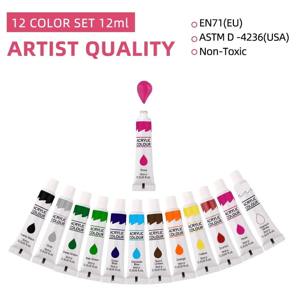 Set Di 24 Colori Acrilici Da 12 Ml - Pittura Impermeabile Su Tela, Legno E Tessuto Per Artisti E Principianti