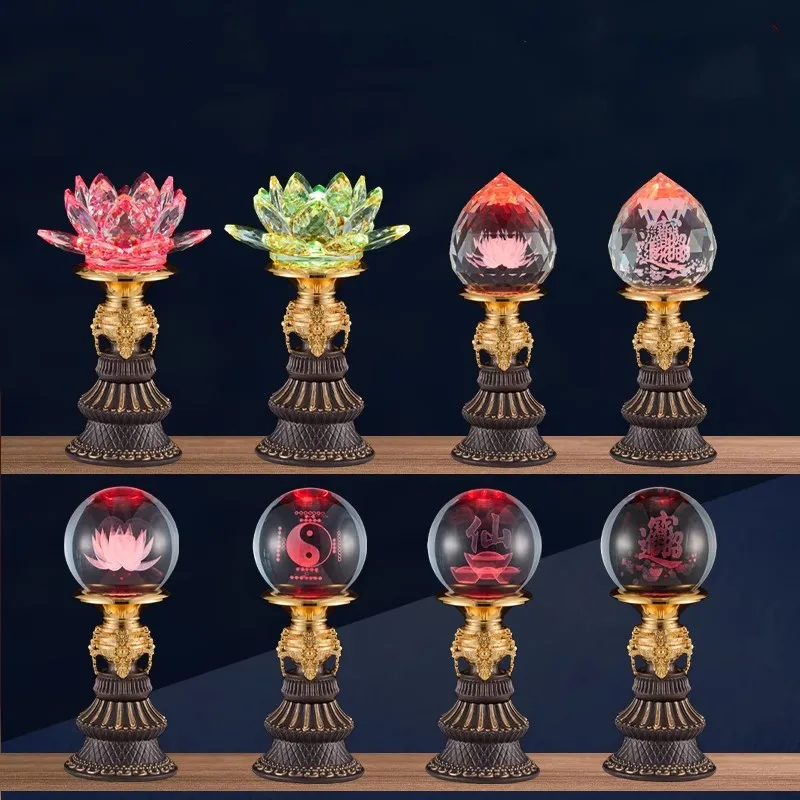 LED Colorful Crystal Ball Lotus Lamp, Buddhist Supplies, Temple Eternal Light, Buddha Light, Meditation, Home Decoration