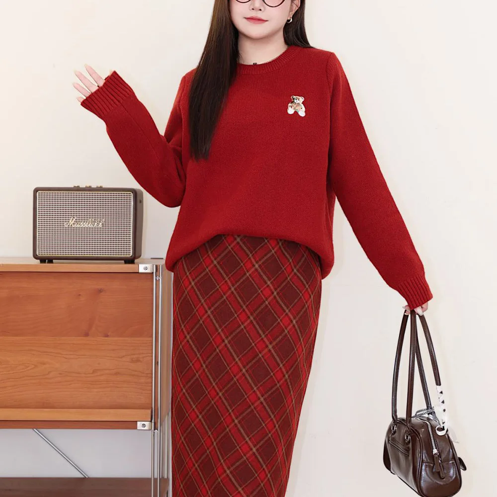 XXXL Fashion Plus Size Women's Sweater Premium Bear Embroidered O-Neck Autumn Winter Preppy Style Pullover Thermal Jumpers 8512