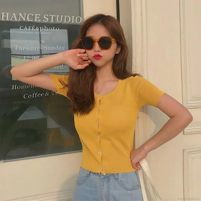 

Womsn Knitted T-Shirt Square Collar Short-Sleeved Women's Casual Shirt Tops