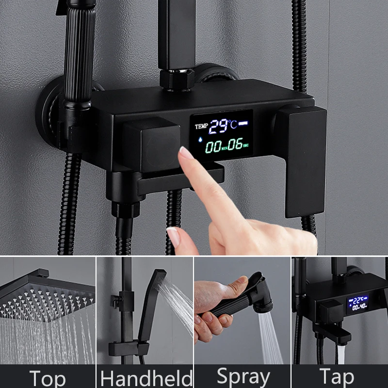 Black Shower Digital Display Temperature Shower Chuveir Bathroom Accessories Sets Pressurized Hot Cold Copper Faucet